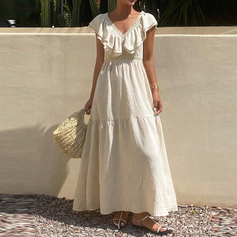 Women's Bohemian V-Neck Hollow Out Dress – Pleated High Waist Beach Party Dress