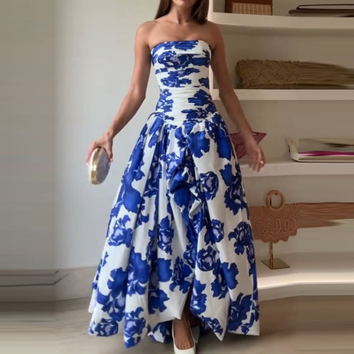 Elegant Sleeveless High Waisted Evening Dress Vintage Pattern Print Tube Top Banquet Dress Summer New Ladies Irregular Prom Gown