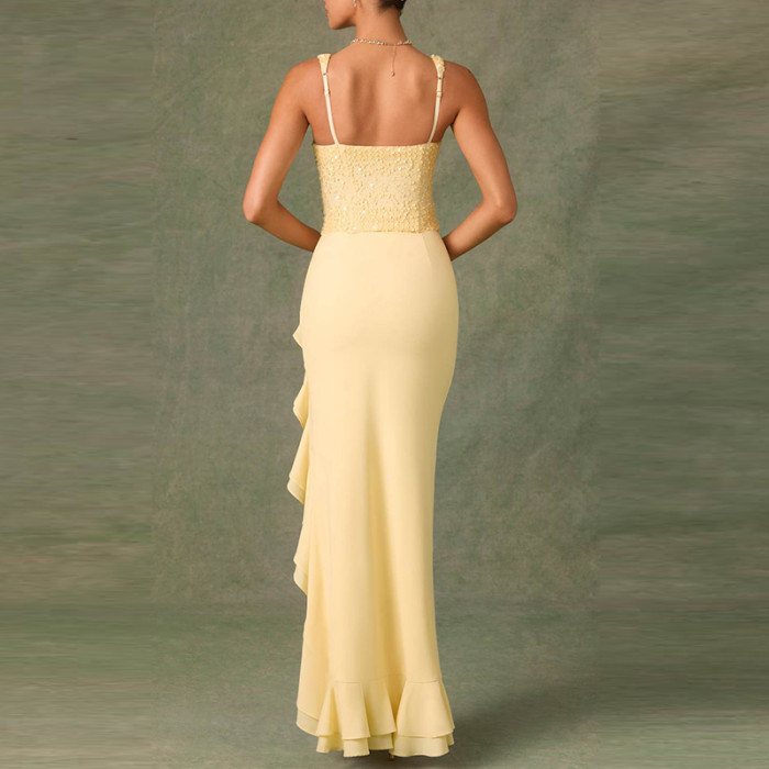 Elegant Sleeveless Solid Color Wrap Hips Dress Sexy Backless Ruffles Split Dress Summer New Sequins Knitted Spliced Halter Dress