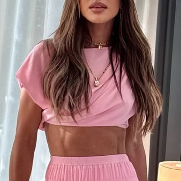 Women's 2 Piece Set – Solid Crop Top & Pleated Swing Skirt Outfit