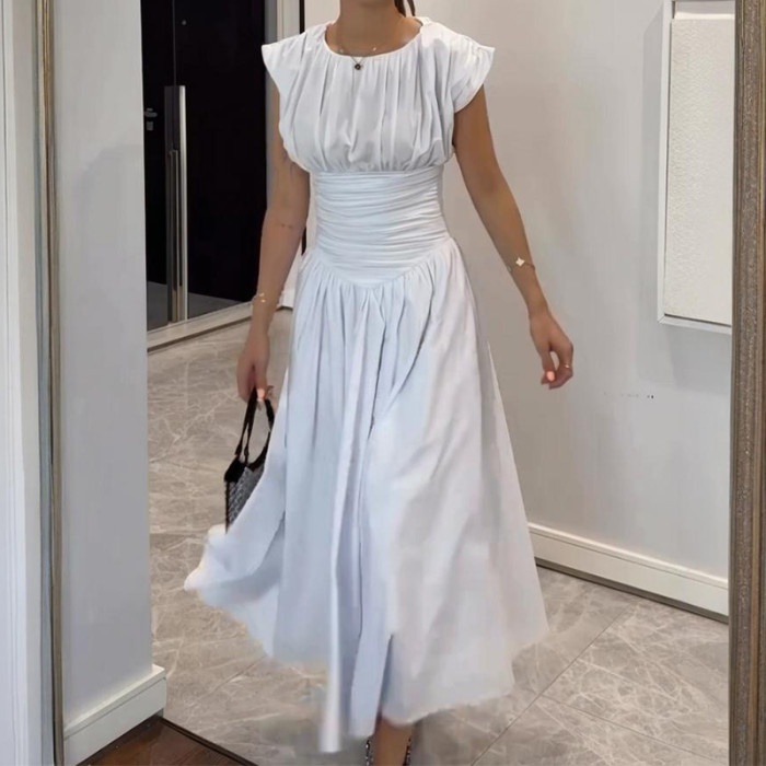 French Style Simple Solid Color Evening Dress Elegant Pleated Slim Party Dress New Summer Women O Neck Short Sleeve A-line Dress