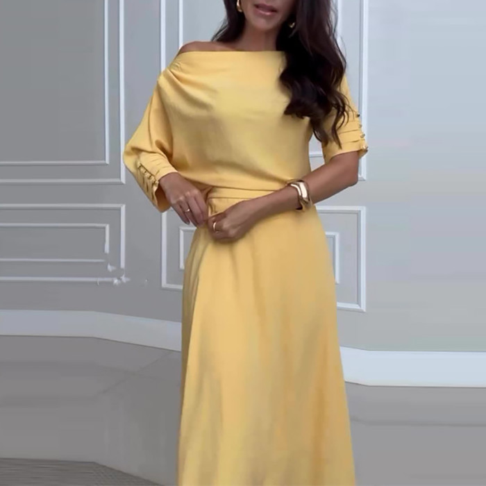 Solid Color Skew Collar Tops & Half Skirts Suits Women Casual Loose Long Sleeved Tops Two Piece Sets Elegant Commuting Outfits