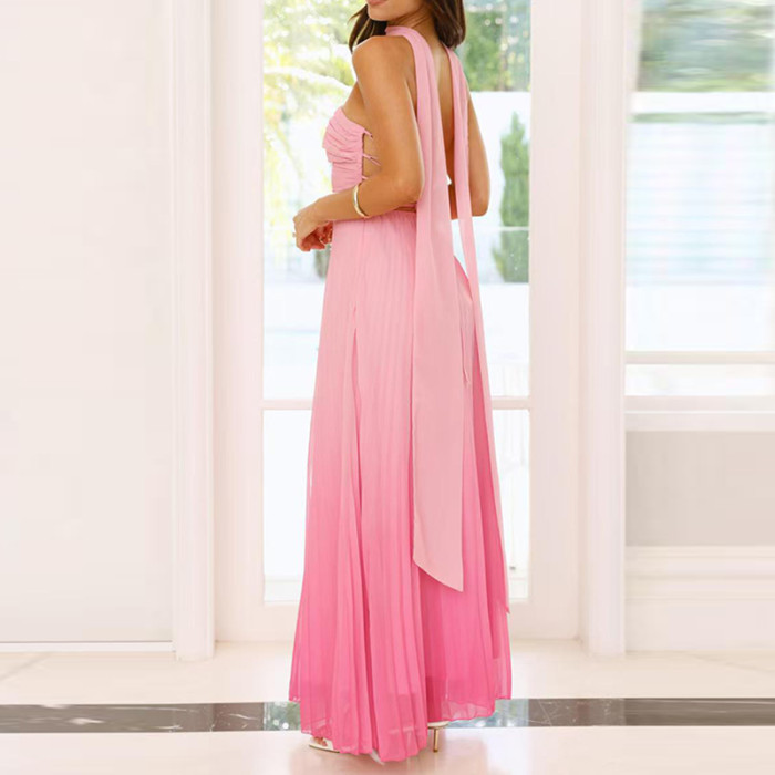Leisure High Waist Backless Ribbon Evening Dress Sexy Hollow Out Lace Up Maxi Dress Gradient Printed Off Shoulder Party Dresses