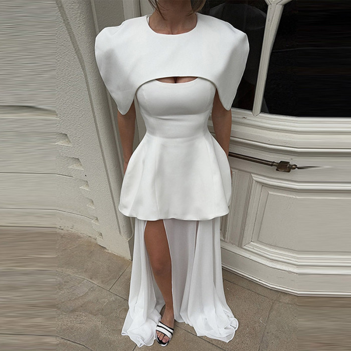 Women's 3 Piece Pleated Party Outfit – Solid Color Tube Top, Vest & Split Skirt Set