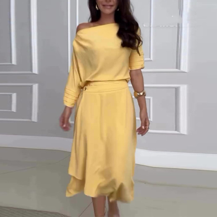 Solid Color Skew Collar Tops & Half Skirts Suits Women Casual Loose Long Sleeved Tops Two Piece Sets Elegant Commuting Outfits