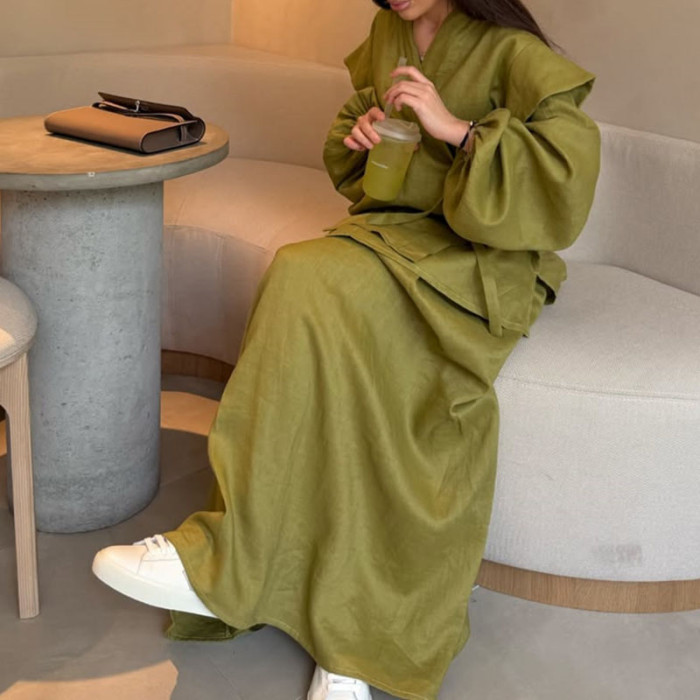 Autumn New Solid Color Loose Women's Two Piece Sets Elegant V-neck Lace Up Tops Set Fashion Design Style Long Sleeve Commute Set