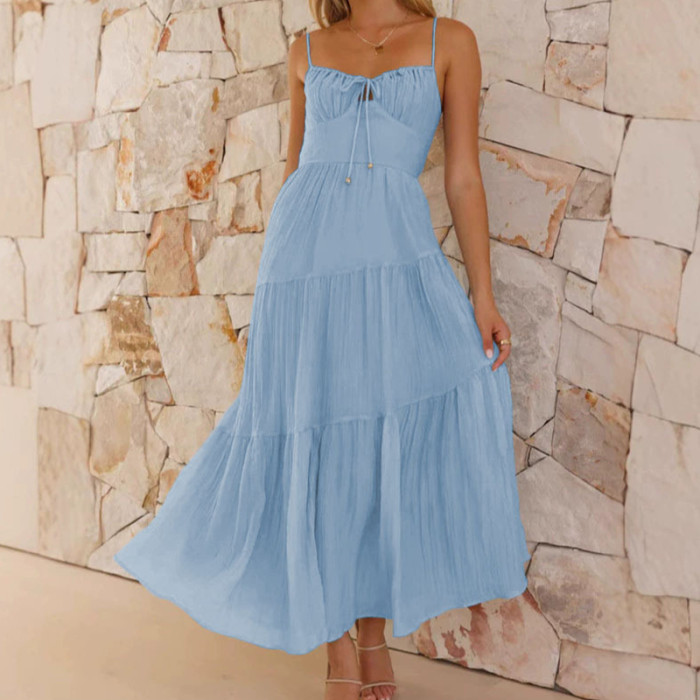Fashion Solid Color Halter Evening Dress Sexy Hollow Out Sleeveless Swing Long Dress Leisure Women Summer Loose Vacation Dresses