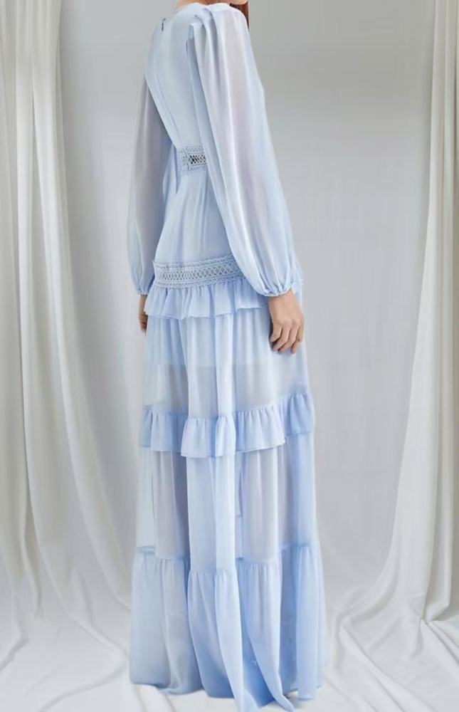 Elegant Women Lace Ruffles Long Dress Sexy Solid Deep V Neck Lantern Long Sleeve Dresses Autumn Hollow Out Solid Party Dress