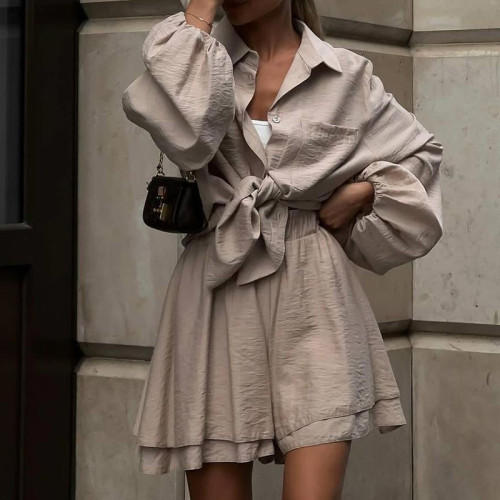 Spring Summer Solid Color Commute 2 Piece Casual Lantern Long Sleeve Lapel Shirt&Shorts Suits Elegant Loose Streetwear For Women