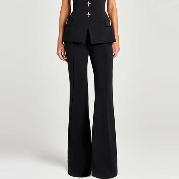 Fall New Office Lady Solid Color Outfits Elegant Long Sleeve V-neck Coat And Wide Leg Pants Sets Fashion Casual Slim Women's Set