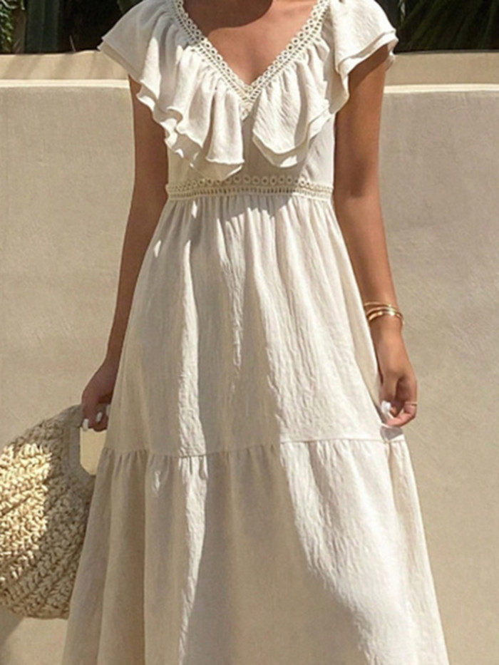 Women's Bohemian V-Neck Hollow Out Dress – Pleated High Waist Beach Party Dress