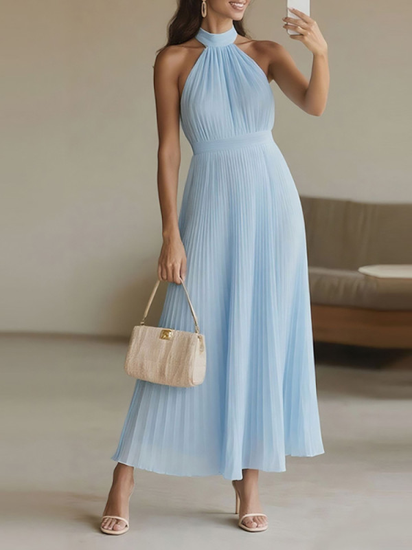 Summer Blue Beach Vacation Halter Dress Elegant Off Shoulder High Waist Banquet Dress Sleeveless Slim Swing Women's Dress 2025