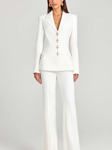 Fall New Office Lady Solid Color Outfits Elegant Long Sleeve V-neck Coat And Wide Leg Pants Sets Fashion Casual Slim Women's Set