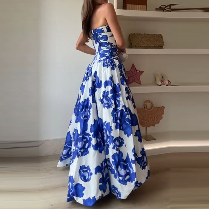 Elegant Sleeveless High Waisted Evening Dress Vintage Pattern Print Tube Top Banquet Dress Summer New Ladies Irregular Prom Gown