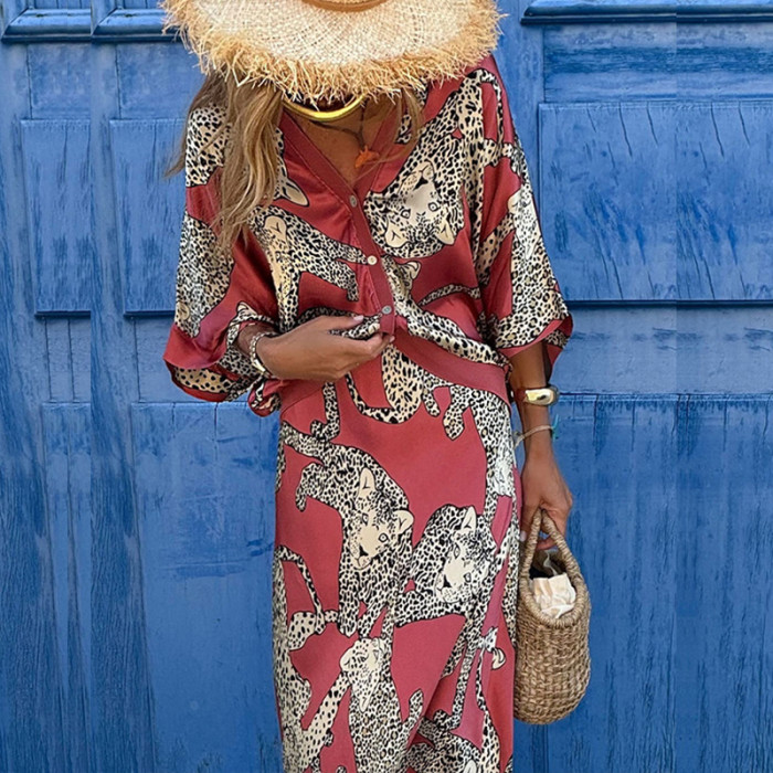 Women's 2 Piece Set – V-Neck Long Sleeve Top & Printed Satin Skirt Outfit