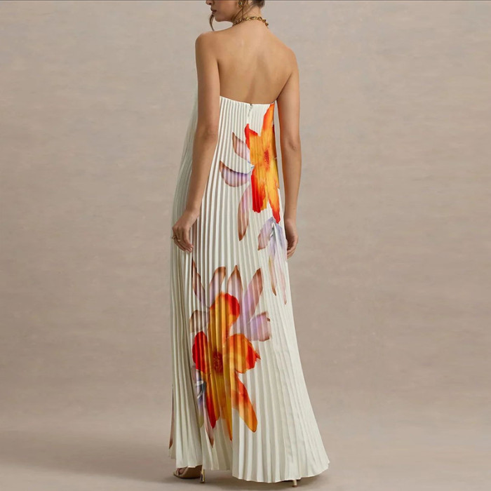 Summer New Printed Chest Wrapping Dress Lady Off Shoulder Fold Banquet Dress Sexy Backless Sleeveless Evening Party Dress Women