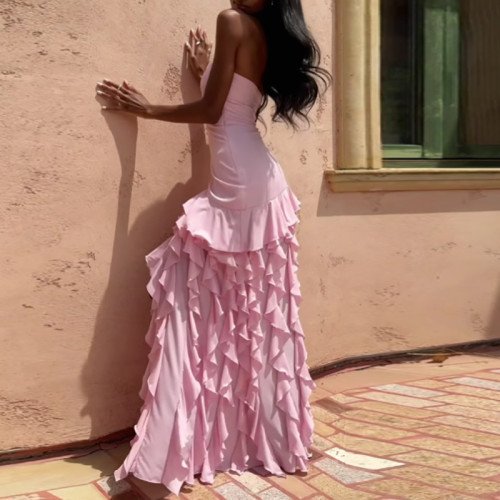 Show Style Ruffles High Split Evening Dress Sexy Tube Top Sleeveless Wrap Hip Dress Elegant Solid Color Off Shoulder Party Dress