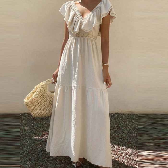 Women's Bohemian V-Neck Hollow Out Dress – Pleated High Waist Beach Party Dress