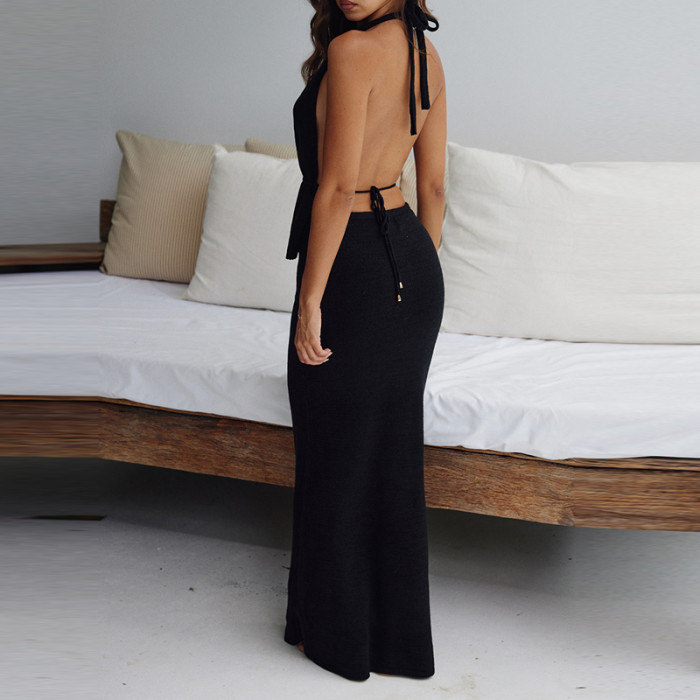 Sexy Low Cut Backless Sleeveless Tops Half Skirts Matching Sets Fashion Design Style Solid Color 2pc Sets Elegant Lady Slim Sets