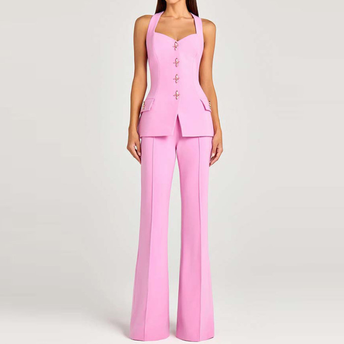 Fall New Office Lady Solid Color Outfits Elegant Long Sleeve V-neck Coat And Wide Leg Pants Sets Fashion Casual Slim Women's Set