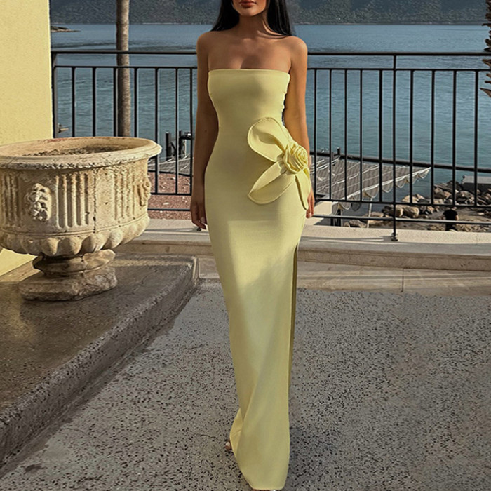 Sexy Tube Top Split Party Dress Elegant Pure Hollow Out Sleeveless Banquet Dress 2025 New Lady Stereoscopic Floral Evening Dress