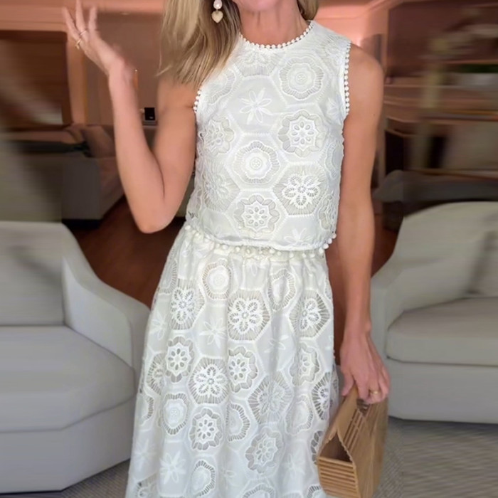 Elegant Sleeveless Halter Tassel Vest And A-line Skirts Set Fashion Solid Color High Waits Sets Leisure Vacation Loose Lace Sets