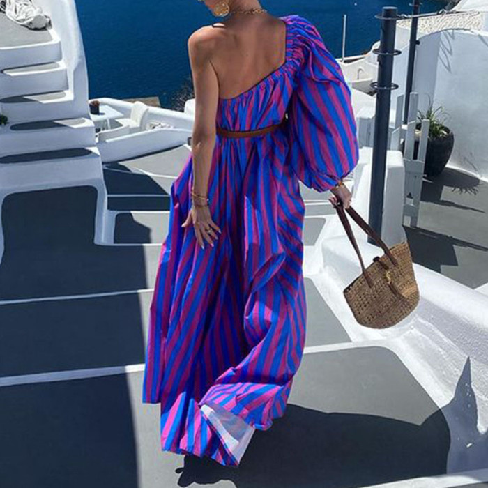 Elegant Skew Collar Temperament Long Dresses Ladies High Waist Draped Party Dress Fashion Striped Holiday Backless Vintage Dress