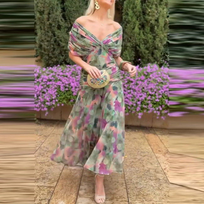 Sexy Off Shoulder Boho Swing Long Beach Dress Sexy High Waisted Chiffon A-line Dress Summer New Printed Shawl Collar Mesh Dress