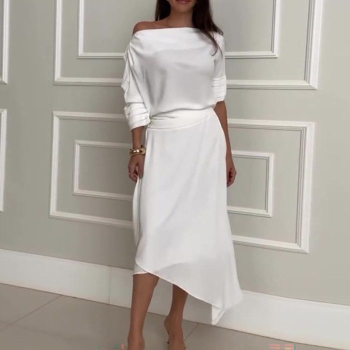 Solid Color Skew Collar Tops & Half Skirts Suits Women Casual Loose Long Sleeved Tops Two Piece Sets Elegant Commuting Outfits