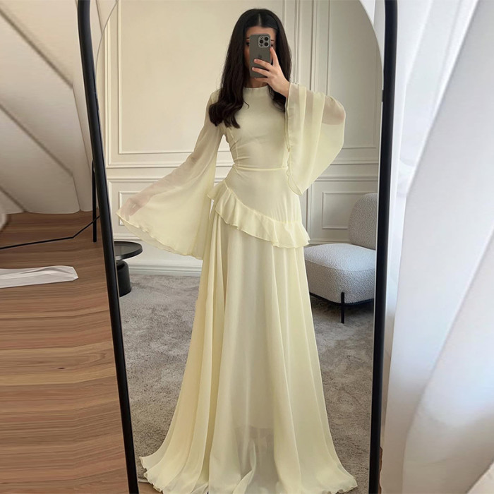 Muslim Women High Waist O-neck Pleated Long Dress Elegant Temperament Chiffon Dresses Solid Color Slim Flare Sleeve Party Dress