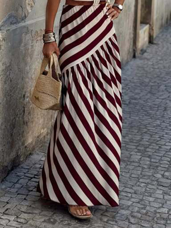 Elegant Lady Commute Stripe Printed Long Skirts Vintage Elastic Waist Women's Skirt Summer Casual High Waist Pleated Half Skirts