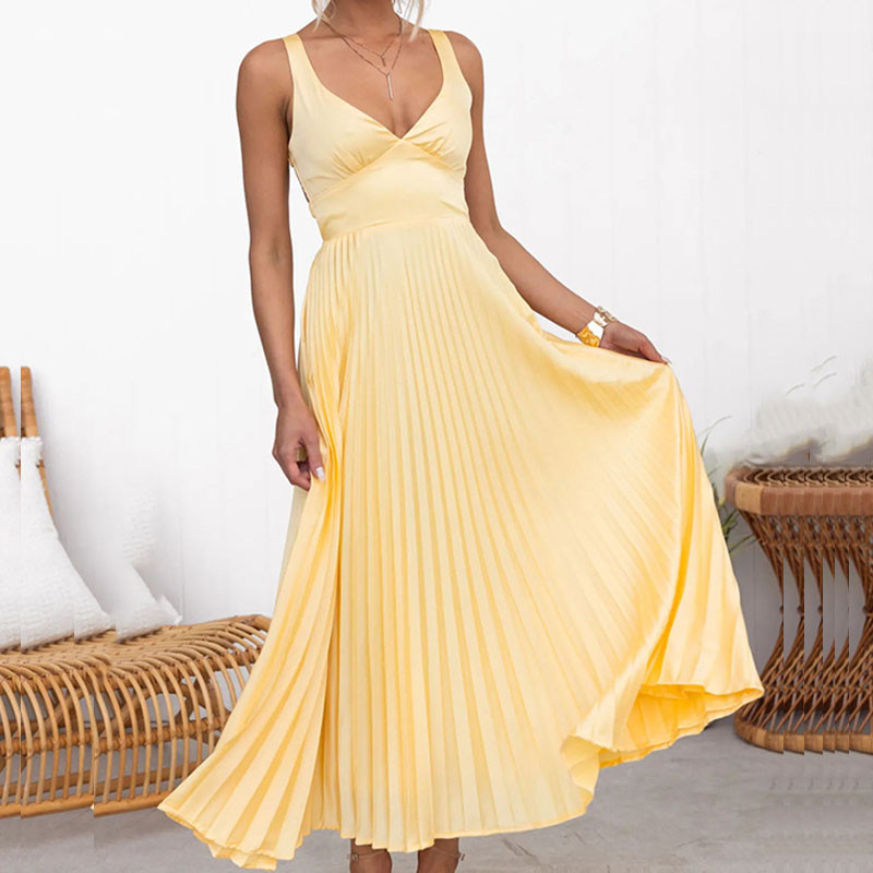 Fashion V-Neck Holiday Long Dress Summer Elegant Strap Loose Solid Sleeveless Party Dress Women High Waist Solid Pleat Dresses