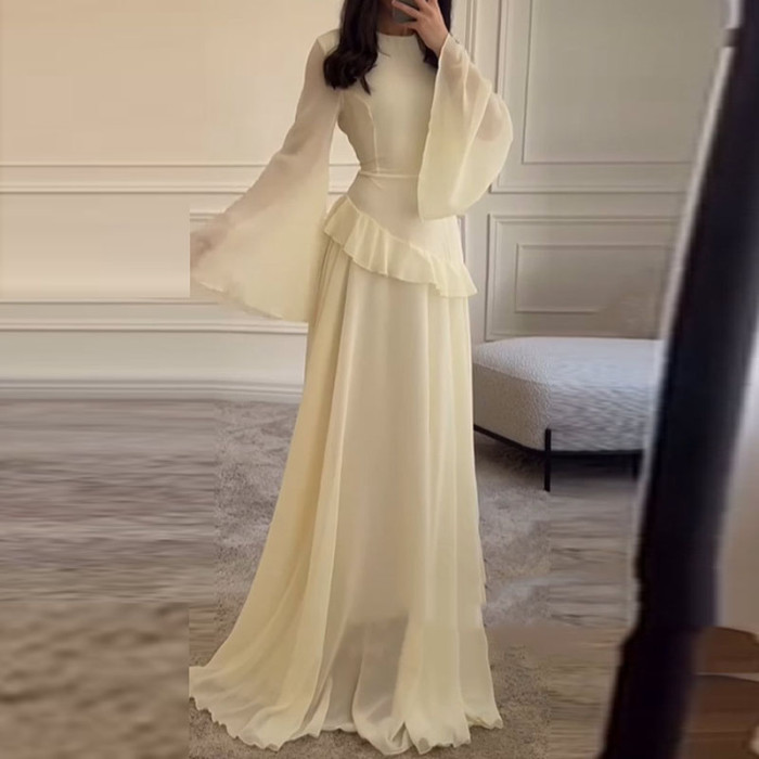 Muslim Women High Waist O-neck Pleated Long Dress Elegant Temperament Chiffon Dresses Solid Color Slim Flare Sleeve Party Dress