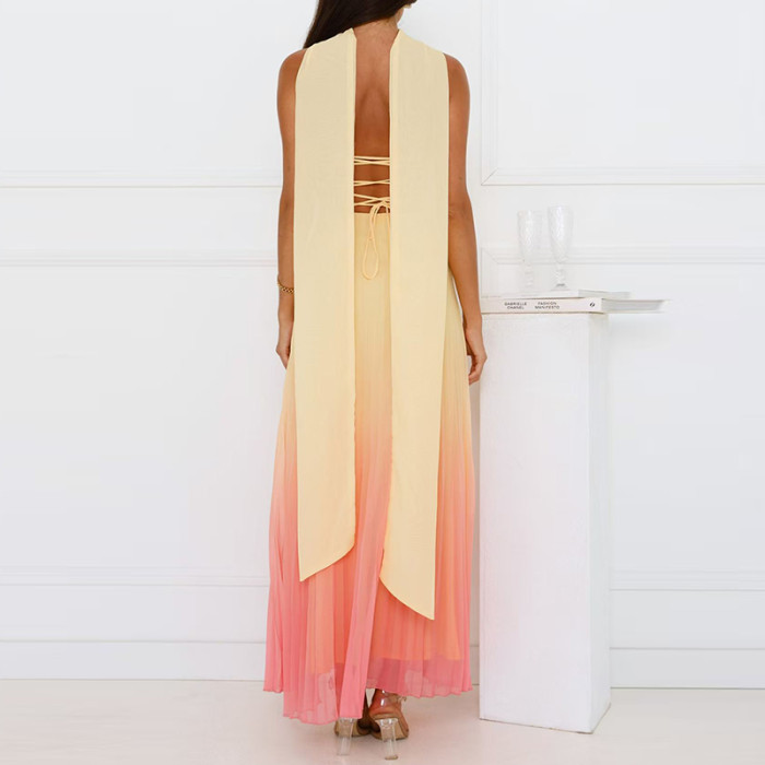 Leisure High Waist Backless Ribbon Evening Dress Sexy Hollow Out Lace Up Maxi Dress Gradient Printed Off Shoulder Party Dresses