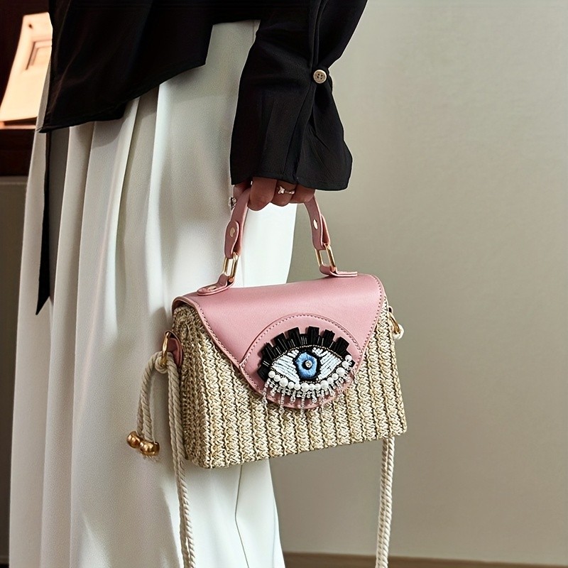 Women'S Shoulder Bag, a Quirky Large-Eyed Straw Woven Beach Bag Perfect for Seaside Vacations, Versatile Two-Tone Hard Box-Shaped Small Square Bag, Ideal for Commuting, Shopping, And a Patchwork Crossbody Bag, Also Serves As a Handheld Box for Phone Storage.