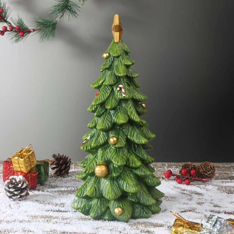 1pc Hand-Painted Resin Christmas Tree Figurine - Classic Holiday Decor with Golden Star Top, Red Ribbon & Ornaments, No Electricity Needed, Perfect for Tabletop Centerpiece, Festive Party Decoration & Holiday Gift, Christmas Decorations, Festive Tabletop Decor, Elegant Decor Piece, Detailed Craftsmanship