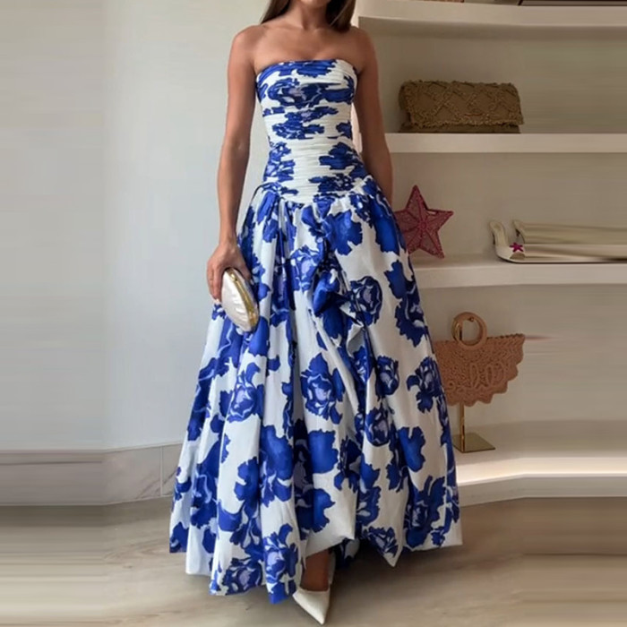 Elegant Sleeveless High Waisted Evening Dress Vintage Pattern Print Tube Top Banquet Dress Summer New Ladies Irregular Prom Gown