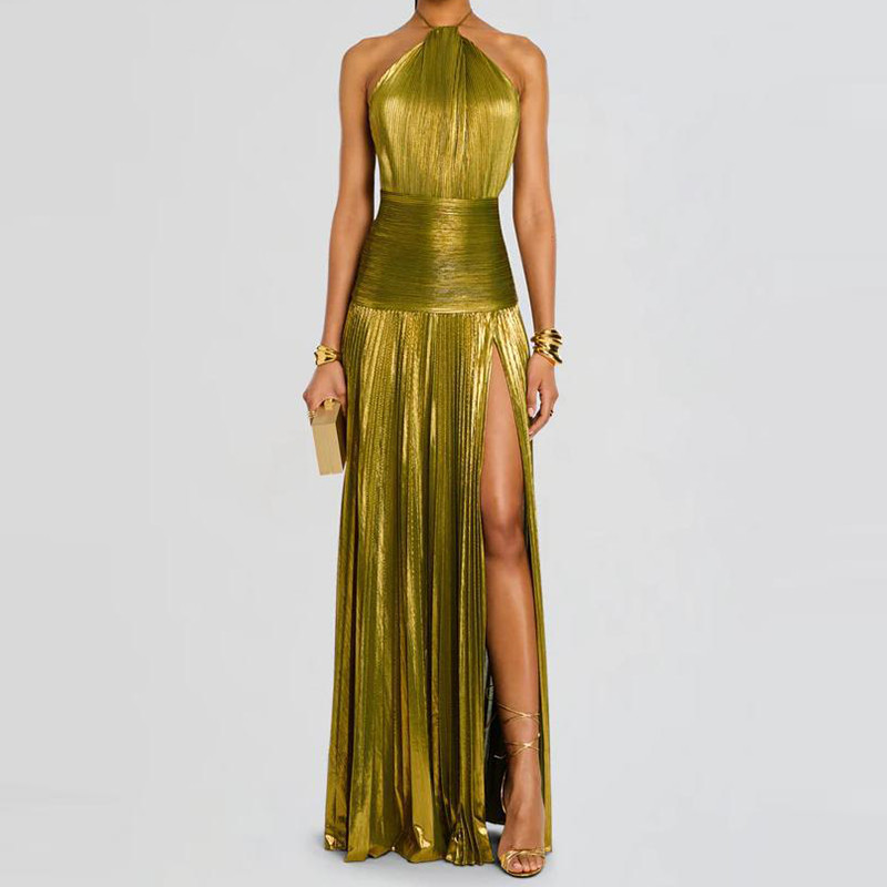 Elegant Lady High Waisted Split Dress Hot Women Off Shoulder Sleeveless Party Dress Luxury Backless Bright Pleated Evening Dress