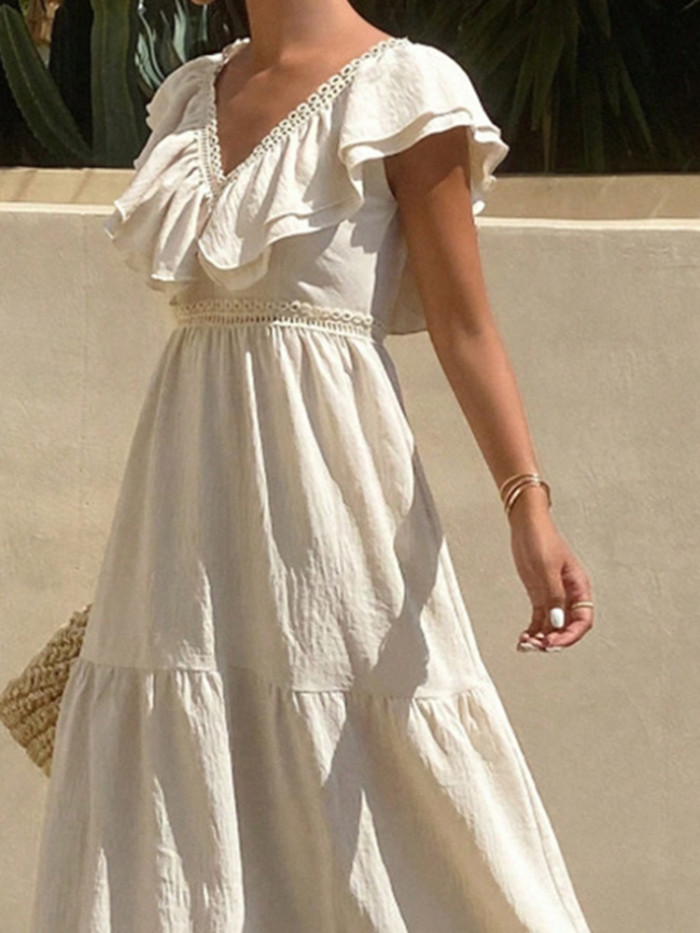 Women's Bohemian V-Neck Hollow Out Dress – Pleated High Waist Beach Party Dress