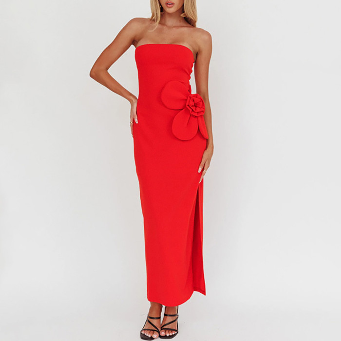 Sexy Tube Top Split Party Dress Elegant Pure Hollow Out Sleeveless Banquet Dress 2025 New Lady Stereoscopic Floral Evening Dress