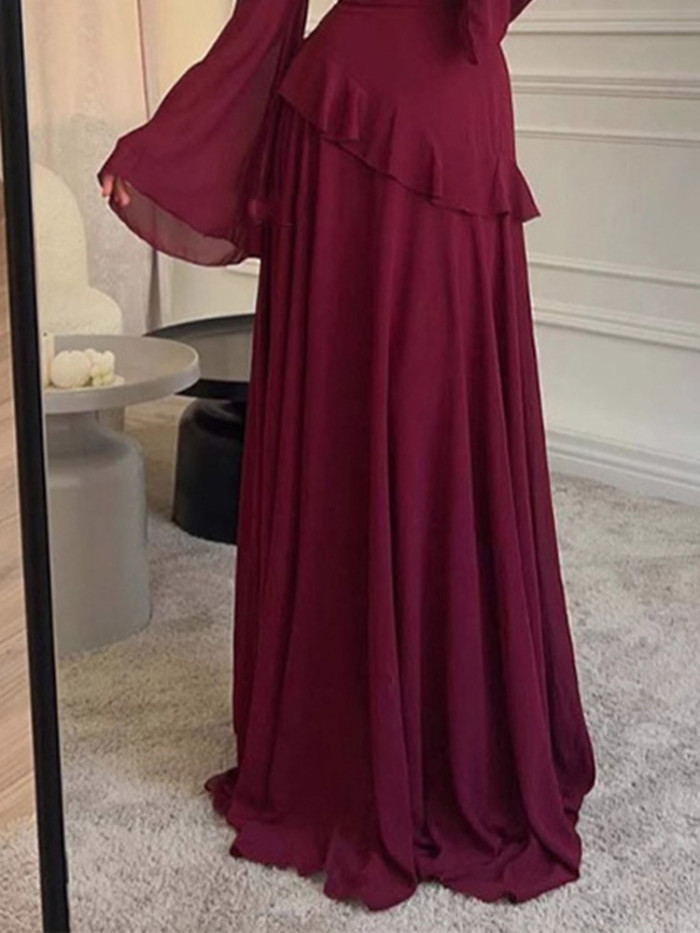 Muslim Women High Waist O-neck Pleated Long Dress Elegant Temperament Chiffon Dresses Solid Color Slim Flare Sleeve Party Dress