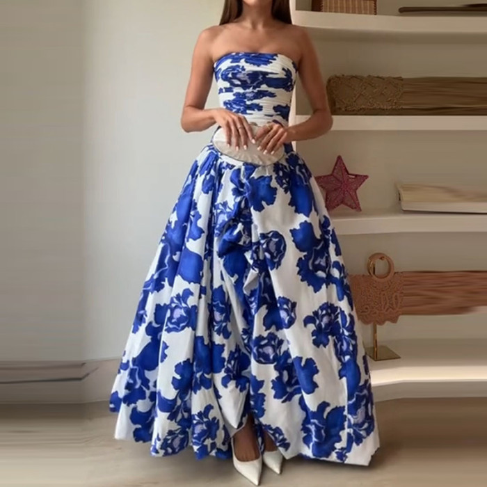 Elegant Sleeveless High Waisted Evening Dress Vintage Pattern Print Tube Top Banquet Dress Summer New Ladies Irregular Prom Gown