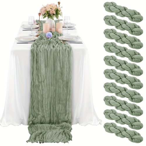 6\u002F10-Pack Sage Green Polyester Table Runners - Vintage Wrinkle Sheer Gauze, Rectangular Cheese Cloth for Wedding Reception, Bridal Decorations, Transparent Table Overlay
