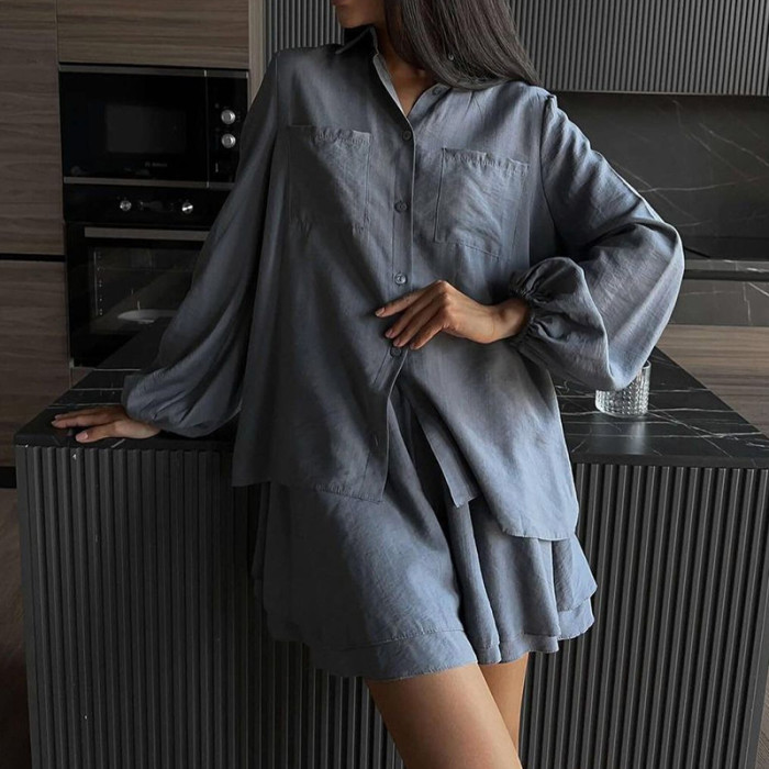 Spring Summer Solid Color Commute 2 Piece Casual Lantern Long Sleeve Lapel Shirt&Shorts Suits Elegant Loose Streetwear For Women