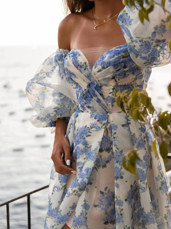 Elegant Puff Sleeve Off Shoulder Floral Print Dress Summer High Waist Pleat Evening Dress Lady Garden Party Floor-length Dresses