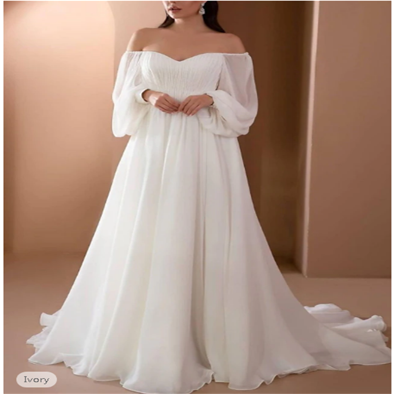 Beach Wedding Beach Vintage Wedding Dresses A-Line Off Shoulder Long Sleeve Court Train Chiffon Bridal Gowns With Pleats Beading