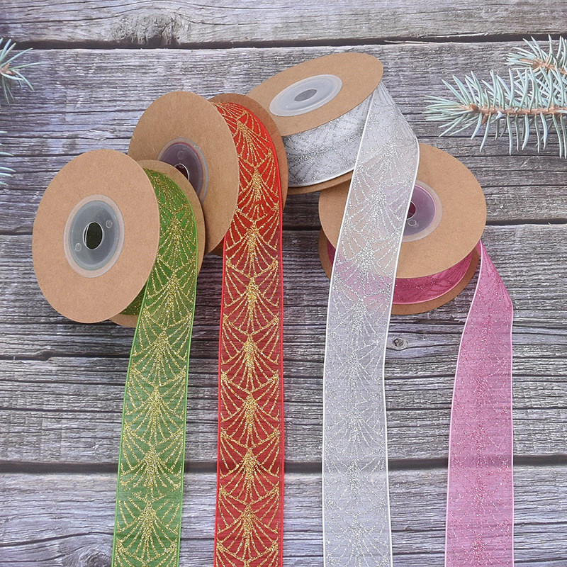 New Product Christmas Sprinkled Pink Gold and Silver Decorative Ribbon Christmas Gift Box Glitter Ribbon Fan-shaped Gauze Belt