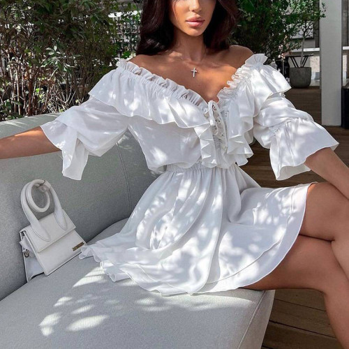 Summer Ruffles Beach Vacation Short Dress Elegant Solid Color Slim Women's Dress Temperament High Waist Slash Collar Party Dress