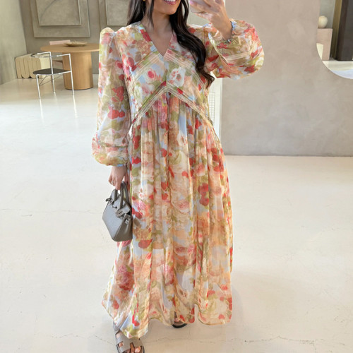 Casual Spliced Long Sleeve Chiffon Dress Temperament High Waist V-neck Loose Party Dress Elegant Women Pleat Evening Dress 2025