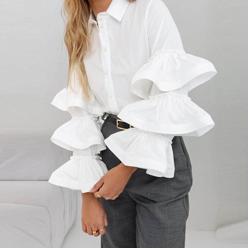 Office Ladies Lapel Flared Sleeve Blouses Fall New Ruffle Design Solid Color Shirt Fashion Temperament Single Breasted Slim Tops